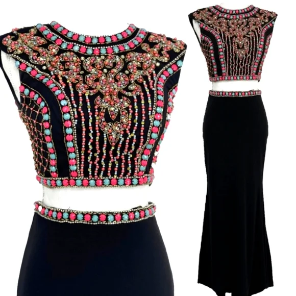 JOVANI 2-piece Black Beaded Mozaic Rhinestones Evening Gown Size 4 - Picture 1 of 14
